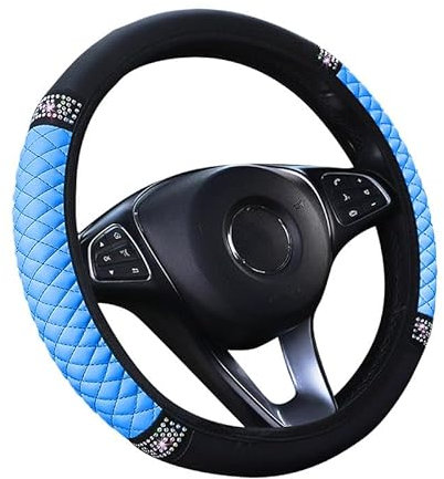 VidFair Lenkradbezug, Universalgröße M, 37–38 cm, Bunte glitzernde Kristall-Strasssteine, automatischer elastischer Lenkradschutz für Damen und Mädchen, Autozubehör für die meisten Autos (blau)