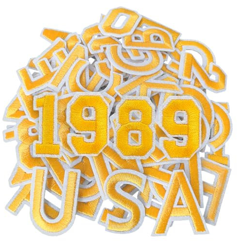 CXWLJL 72Pcs 1.5 Inch Iron on Letter Patches, Numbers 0-9, Letters A-Z Embroidered Applique Patches for Clothes, Skirts, Hats, Socks and Other Apparel DIY Accessories - Yellow