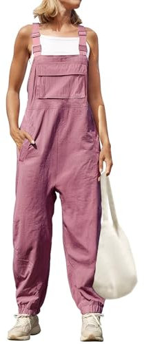 TTFDJG Arbeits Latzhose Damen Jumpsuit Mit Weitem Bein Damen Latzhose Damen Sommer Baumwolle Hosen Damen Locker Overall Lang Damen Elegant Weite Hose Damen Sommer Lang Romper Damen Lang Rosa L