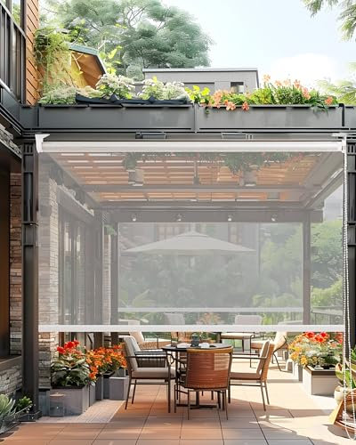 FoundGo Store enrouleur en PVC transparent, imperméable, à traction latérale, pour extérieur, pergola, bâche en PVC transparent, coupe-vent, pour balcon, terrasse, pergola