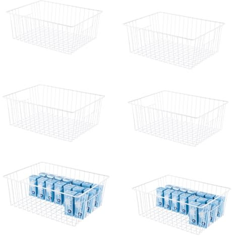 Upright Freezer Organizer Bins, Freezer Baskets for 16, 17, 21 cu.ft Standup Freezer, Wire Storage Baskets with Built-in Handles for Frozen Foods, Snacks, Vegetables, Fruits and More, Set of 6, White
