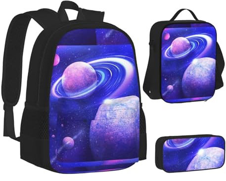 JUANYQME Planet Rucksack, 3-teiliges Set, Büchertasche, Federmäppchen, Lunch-Tasche, Kombination für Damen und Herren, Schwarz , One size