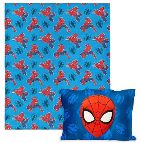 Northwest Marvel Spider-Man Web Überwurfdecke mit Seiden-Touch, 127 x 152,4 cm, mit 3D-Plüschtaschenkissen, 35,6 x 50,8 cm, Spiderman-Decke und Kissen-Set für Jungen und Mädchen