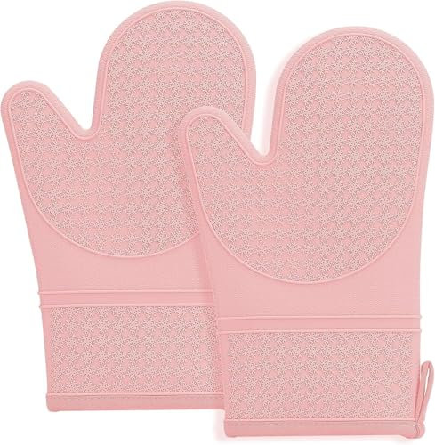 Tel Charme * 2 Silikon-Ofenhandschuhe, doppelschichtig und hitzebeständig bis 300°C. rutschfeste Handschuhe mit weichem Baumwollfutter, ideal für Küche-, Back-, Grill. (Rosa)