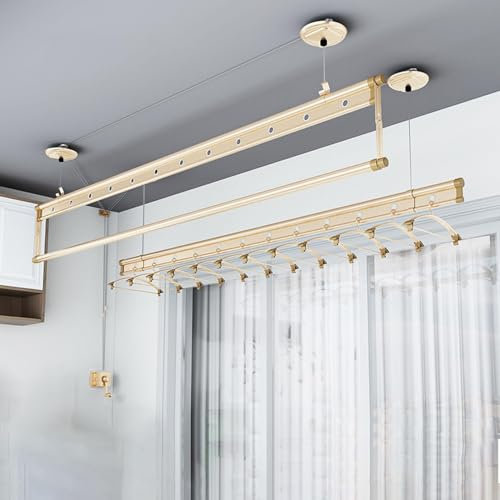 TAUIANE An Der Decke Montierter WäSchestäNder, Balkon WäSchestäNder Mit Handkurbel, WäSchetrockner Aus Aluminiumlegierung, 78,8 Zoll Lang, DREI Stangen, FüR Zuhause WaschküChe Wohnung,Gold,2M