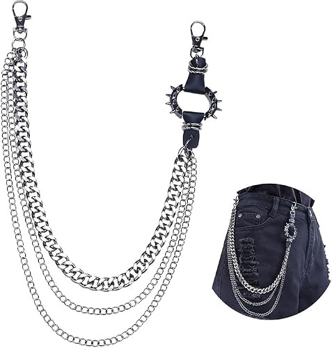 Hosen Kette, Doppelschicht Jeans Ketten Punk Hosenkette Gürtel Kettes, Punk Jeans Ketten, Gothic Bikerkette mit Karabinerverschluss, Hip-Hop Accessoire, Silber, 54 cm