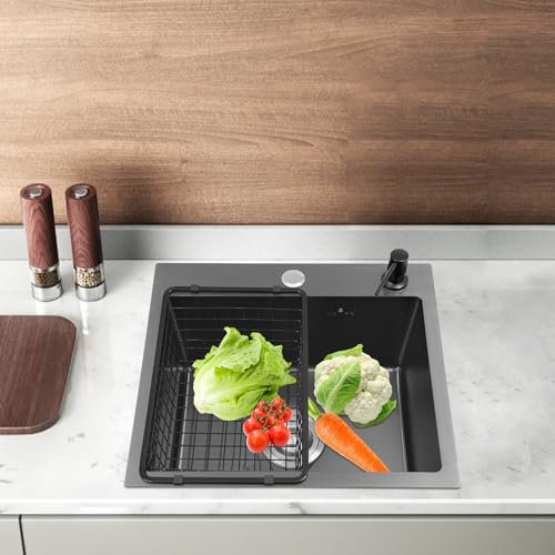 Fregadero de cocina negro, 1 lavabo, fregadero empotrable, rectangular, fregadero de cocina, fregadero pequeño, fregadero de acero inoxidable con escurridor, dispensador de jabón