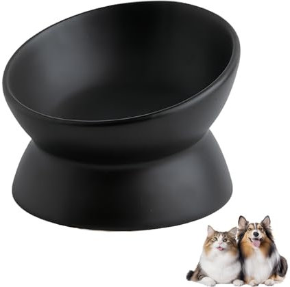 Elevated Cat Food Bowl, Ceramic Raised and Tilted Pet Water Bowl, Anti Vomiting Cat Feeding Bowls - Stress Free Shallow Cat Bowl, Stress Free for Cats and Small Dogs,150ml/5oz (Black, 1 Pack)