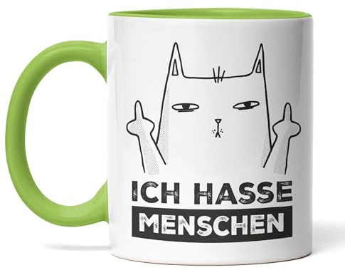 Tasse Ich hasse Menschen – Lustige Statement-Tasse mit frecher Katze & Mittelfinger (Grün)