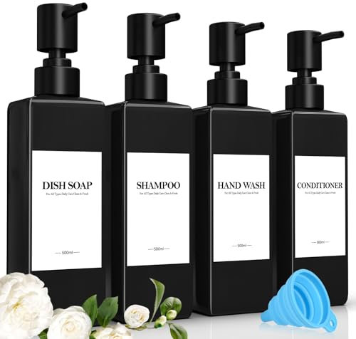 Set of 4 Plastic Shampoo Bottles for Filling, 500 ml Soap Dispenser Bottles Shampoo Dispenser Black Pump Dispenser with Funnel and Waterproof Labels for Kitchen Bathroom Bathroom