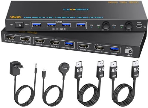 8K HDMI KVM Switch 2 PC 2 Monitore 8K@60Hz 4K@144Hz, USB Switch & KVM Switch Dual Modus Display, USB 3.0 KVM-Switches für Dual Monitor Teilen Tastatur Maus, mit Desktop Controller und 8K HDMI Kabels