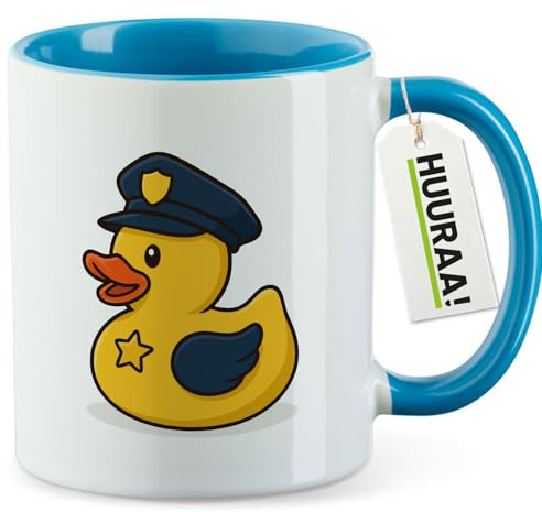 Huuraa Kaffeetasse Quietscheente Polizei Comic Gummiente Geschenk | Motivtasse 330ml Blau Keramik Tasse mit Spruch Kaffeebecher Geschenkidee Becher mit Motiv