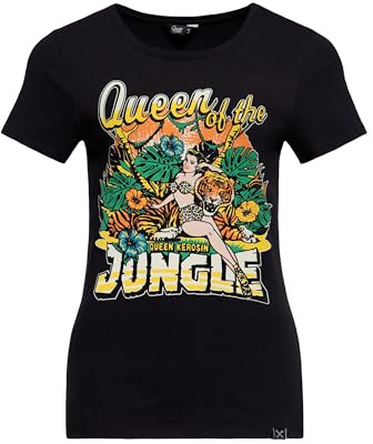 Queen Kerosin Damen T-Shirt · Tropisch · Vintage · Printshirt · 50s · Retro · Rockabella · Rockabilly · Slim Fit · Elastisch · Rundhals · Kurzarm · Queen of The Jungle