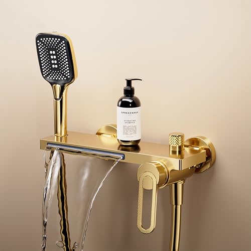 MocArt N502 Vollkupfer Badezapfen, Kalt-Warm-Regelung, Wandmontage, Handbrause mit 3 Stufen & Wasserfall-Auslass – Ideal für Badezimmerumbau und Modernisierung (Gold)