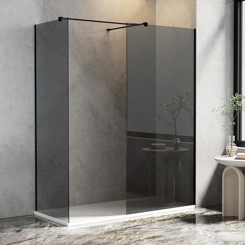 900 x 700mm Walk-in Shower Enclosure, AQUARA Shower Screen with 8mm Easy Clean Grey Toughened Glass, Black, Reversible, Support Bar Included