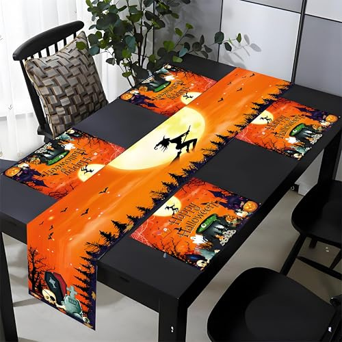 Lets Joy Halloween Platzdeckchen Set, 1PCS Halloween Tischläufer + 4PCS Halloween Tischsets, Gruseliges Tischdecke, Halloween Hexe Tischläufer, Halloween Party Tischdekorationen 180 x 30cm