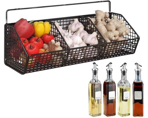 Qutalmi Wandkorb, 3-Fach Aufbewahrungskorb Für Obst &, Platzsparende Wandhalterung Zur Lagerung Von Ingwer Knoblauch Zwiebeln