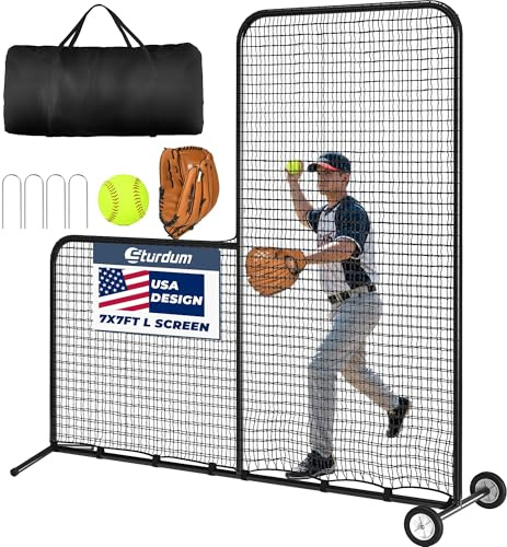 Sturdum Baseball L Screen with Wheels for Batting Cage, 7x7ft Pitcher Protector Net for Pitchers Protection, Includes Pitchers Glove,Training Ball, Portable Carry Bag