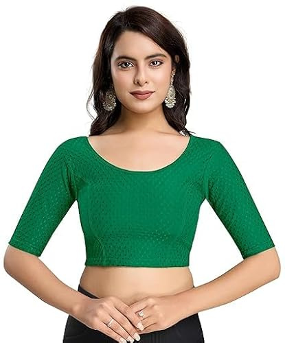 Accessorize Kingdom Women's Dobby Pure Cotton Elastin Stretchable Readymade Round Neck Elbow Length Sleeves Blouse Choli Stylish Saree Blouse (Green, 38-42)
