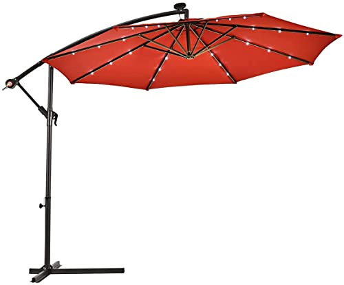 CAFIEDR 300 cm Ampelschirm mit integrierter Solarbeleuchtung, Gartenschirm für Terrasse, Schwimmbad, Strand, Bananenschirm in Weinrot