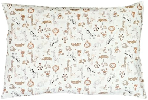 Balbina Kissenbezug 80 x 80 cm für Kinder & Babys, Kopfkissenbezug 100% Baumwolle, für Kinderzimmer, Kinderwagen oder Kinderbett, Baumwoll-Kopfkissenbezug mit Reißverschluss, Tiere in Zoo/beige