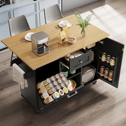 OKMYHOME Kücheninsel – mit Rollen und ausziehbarer Aufbewahrung, Regale für Snacks, Metall und MDF, 142 x 63 x 87 cm, Schwarz