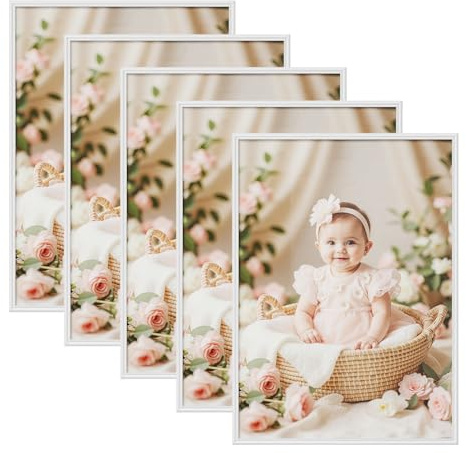 WOLTU Bilderrahmen 50x70, 5er set, Massivholz Fotorahmen mit Passepartout | Weiß, Front aus PS-Platte, Posterrahmen zum vertikalen oder horizontalen Aufhängen und Aufstellen, Collage Wanddeko