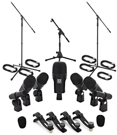 SubZero Komplettes Schlagzeug-Mikrofonset mit Ständern und Kabeln | All-in-One-Schlagzeugaufnahmelösung, sieben Mikrofone für vollständige Abdeckung, Klemmen/Stative/Koffer inklusive