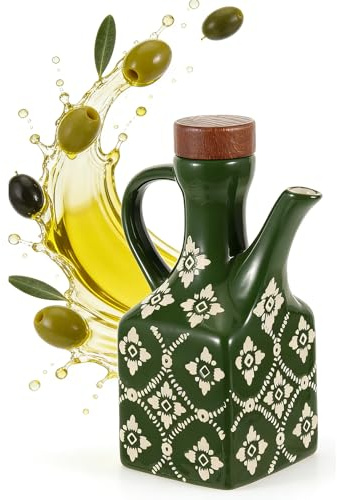Olivenölspenderflasche aus Keramik, lichtblockierender Ausgießer, 240 ml, dekorativer Ölspender für die Küche mit Griff und Holzverschluss, ideal für Essig, Wein, Sojasauce, Zitronensaft (Grün)