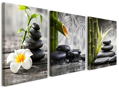 Alptiny Zen Wandbild Wohnzimmer Bambus Steine 30x40 cm, 3er Set auf Leinwand mit Kiefernholzrahmen, minimalistisches Natur Wandbild mit Klettband, HD-Druck farbecht und feuchtigkeitsbeständig