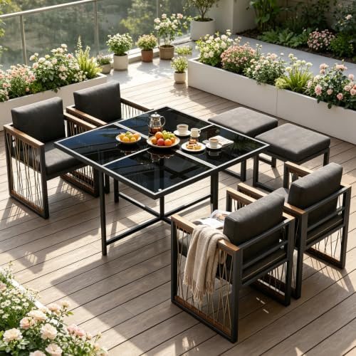 luckdect Salon de Jardin extérieur 7 pièces,Ensemble de Salle à Manger,Table Carre 6 Chaises(4 Fauteuils et 2 Repose-Pieds),Plateau en Verre trempéTabouret et Coussins,Mobilier de Terrasse,Patio
