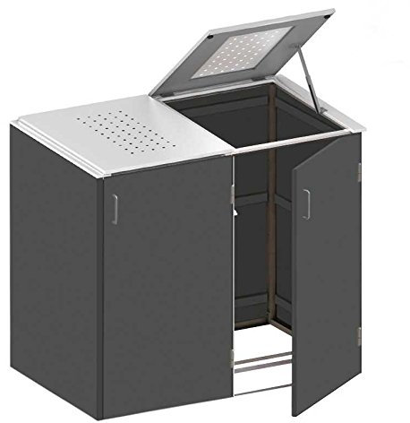 Binto Mülltonnenbox HPL Schiefer- Edelstahl System E2K - für Zwei Mülltonnen inkl. Klappdeckel - 5155