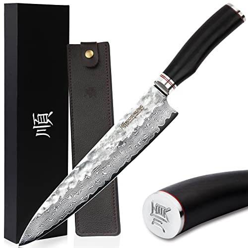 YOUSUNLONG Couteaux de chef japonais Gyuto 10 pouces Pro martelé en acier damas manche en bois de plomb naturel avec gaine en cuir