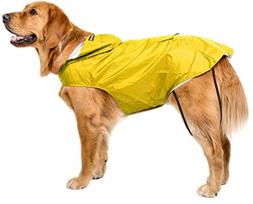 Bwiv Hunde Regenmantel Wasserdicht Hundemantel Groß Gefüttert Ultraleichte Atmungsaktive Hundejacke Reflexstreifen Regenjacke Hunde Mit Kapuze 3XL-6XL Gelb 3XL