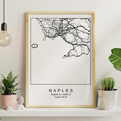 Nacnic Minimalistische Stadtplanen Poster. Geometrische Stil Wanddekoration Abbildung von Neapel. Verschiedene Welt Stadtkarten, Plänen und Reisen Bilde. A3 ohne Rahmen.