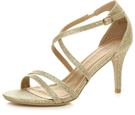 Ajvani Womens Ladies mid high Heel Strappy Crossover Wedding Sandals Shoes, Gold Shimmer Glitter, 6 UK