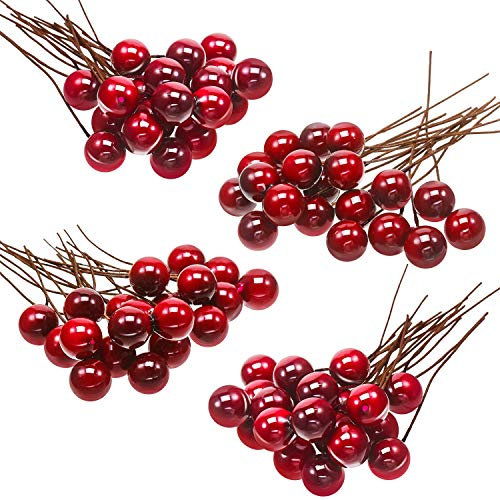 BBTO 100 Stück 10mm Künstliche Stechpalmenbeeren Baumschmuck auf Draht für Weihnachtsbaum Blumenkranz DIY Weinrot