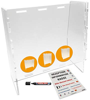 Betriebsausstattung24® Aufstellbarer Spuckschutz & Virenschutz | Thekenaufsteller | Acrylglas | Inkl. Aufkleberset & Marker