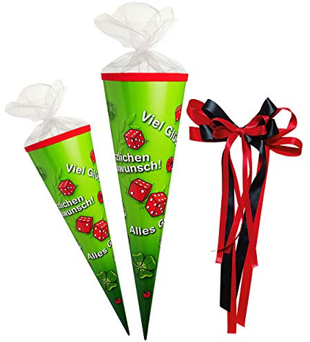 Schultüte - Viel Glück - Alles Gute & Herzlichen Glückwunsch - 50 cm - rund - incl. große Schleife - Tüllabschluß - Zuckertüte - mit/ohne Kunststoff Spitze ..