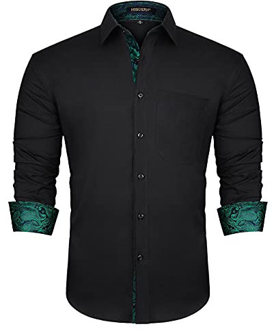 HISDERN Chemise Formelle pour Hommes décontractée à Manches Longues Chemises habillées Classiques boutonnées Noir/Vert-1 XXL
