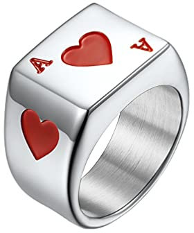 PAMTIER Herren Edelstahl Spaten Ace Ring Poker Karte Quadratisches Signet Statement Ehering Rot Größe 68