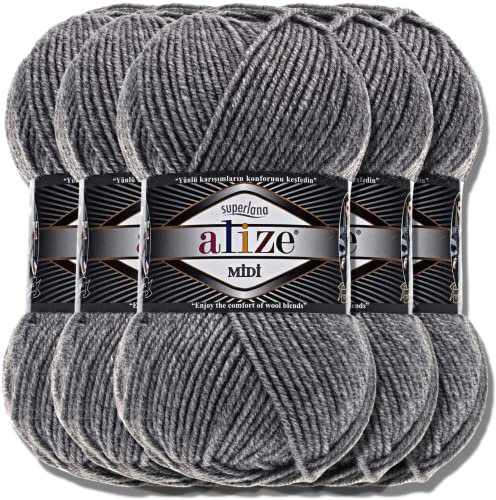 Alize 5 x 100g Superlana Midi Türkische Premium Wolle Baumwolle und Acryl Uni Handstrickgarne | Yarn | Garn | Strickgarn Einfarbig Baby zum Häkeln Stricken Kleidung Schals (Grey Melange | 21)