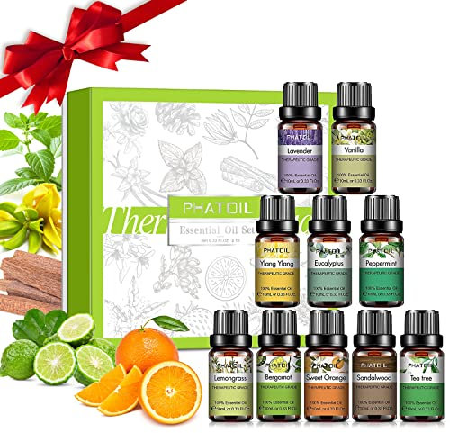 PHATOIL Juego De Aceites Esenciales 10 X 10ml, Set De Regalo De Aceites Esenciales De Aromaterapia Para Difusor, Humidificador