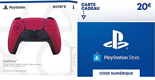 Manette sans Fil DualSense Rouge + Carte Cadeau PSN (PlayStation Store) | 20 EUR | Compte français | Code de téléchargement (PS5/PS4/PS3)