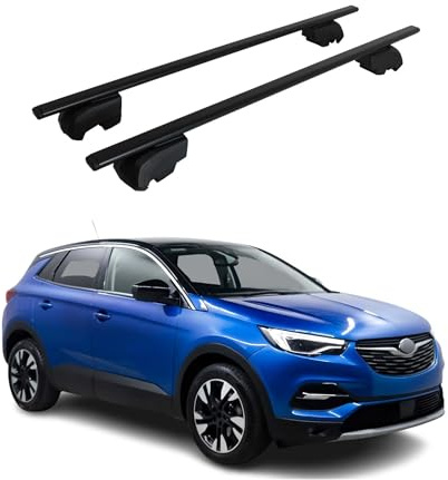 OMAC Dachträger Grundtäger kompatibel mit Opel Grandland X Hybrid 2020-2024 Metall 75kg Schwarz 2tlg Geschlossene Reling für Fahrradträger, Dachboxen, Skiträger Abschließbar