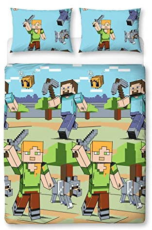 MINECRAFT Official Double Duvet Cover Set | Adventures Design Reversible 2 Sided Bedding Including Matching Pillow Cases | Character World Brands Double Bed Set