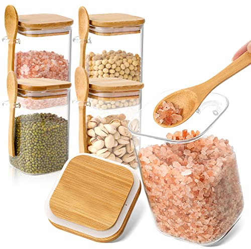 mossFlos 4PCS Glass Jars, 500ml Glass Storage Jars Containers, Airtight Glass Canister with Natural Bamboo Lid and Spoon, Borosilicate Glass for Coffee, Tea, Sugar, Candy, Bath Salt (Rectangle)