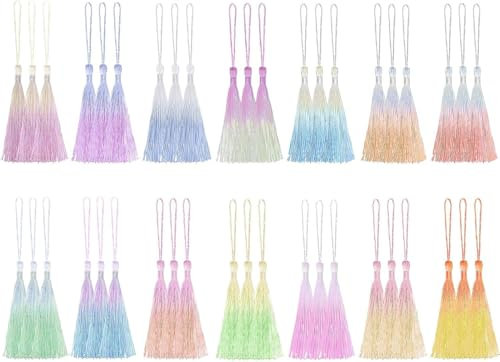 42 Stück Farbverlauf Quasten, Basicon Mini Quasten Seidig Weiche Bunte Quasten 14 Farben Handgefertigtes Quasten für Schmuckherstellung DIY Bastelzubehör Lesezeichen Wohnkultur, 3 Stück pro Farbe