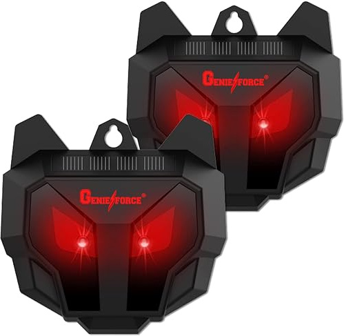 2 x Genieforce® Solar Tiervertreiber Nacht Tierabschreckung mit roten LED-Lichtern gegen Wildtier, Raubtier, Marder, Fuchs, Waschbär, usw. solarbetrieben für Gartenhof, Bauernhof, Hühnerstall GF-GC-03