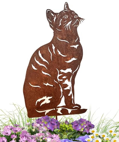 Terma Stahldesign Katzen Gartenstecker Rostifugur Made in Germany (Klassische Hauskatze mit Streifen)